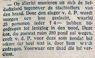 Bericht van een actie door slager v.d. P. die een gesponsorde koe ter beschikking stelt. bericht slachten koe