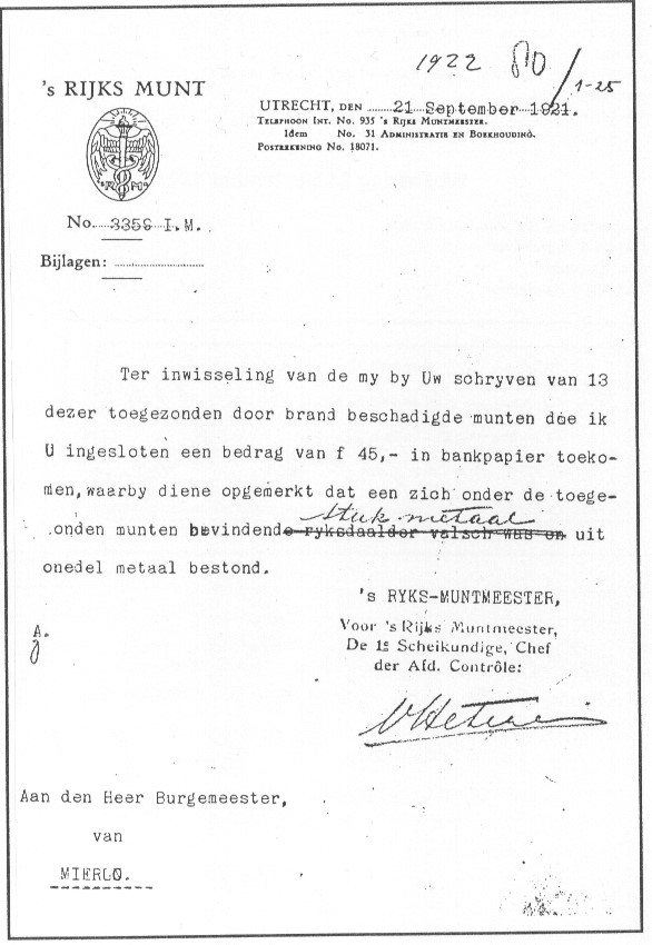 Brief 's Rijks Munt inzake gesmolten munten. brief 's-Rijks Munt'