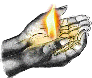 Hand met vlammen, steun voor de brandslachtoffers. hand met vlammen