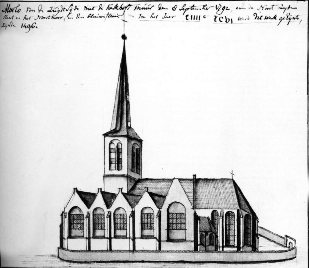 De oude H. Luciakerk van Mierlo uit 1496 volgenss de tekening van Hendrik Verhees Kerk Mierlo 1496