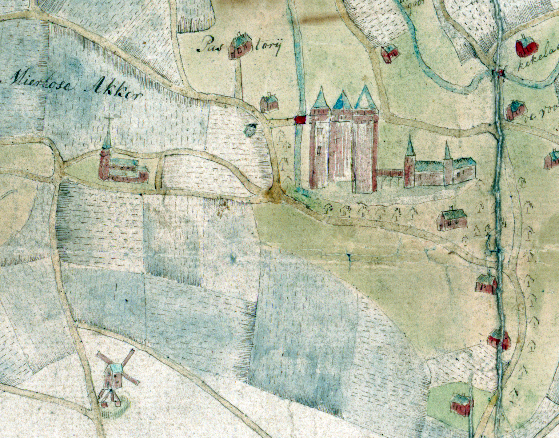 Detail uit Tiendkaart Mierlo 1706 met kaseel, kerk en molen Tiendkaart 1706