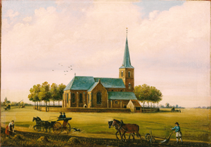 Olieverfschilderij van de oude kerk midden in de velden.
